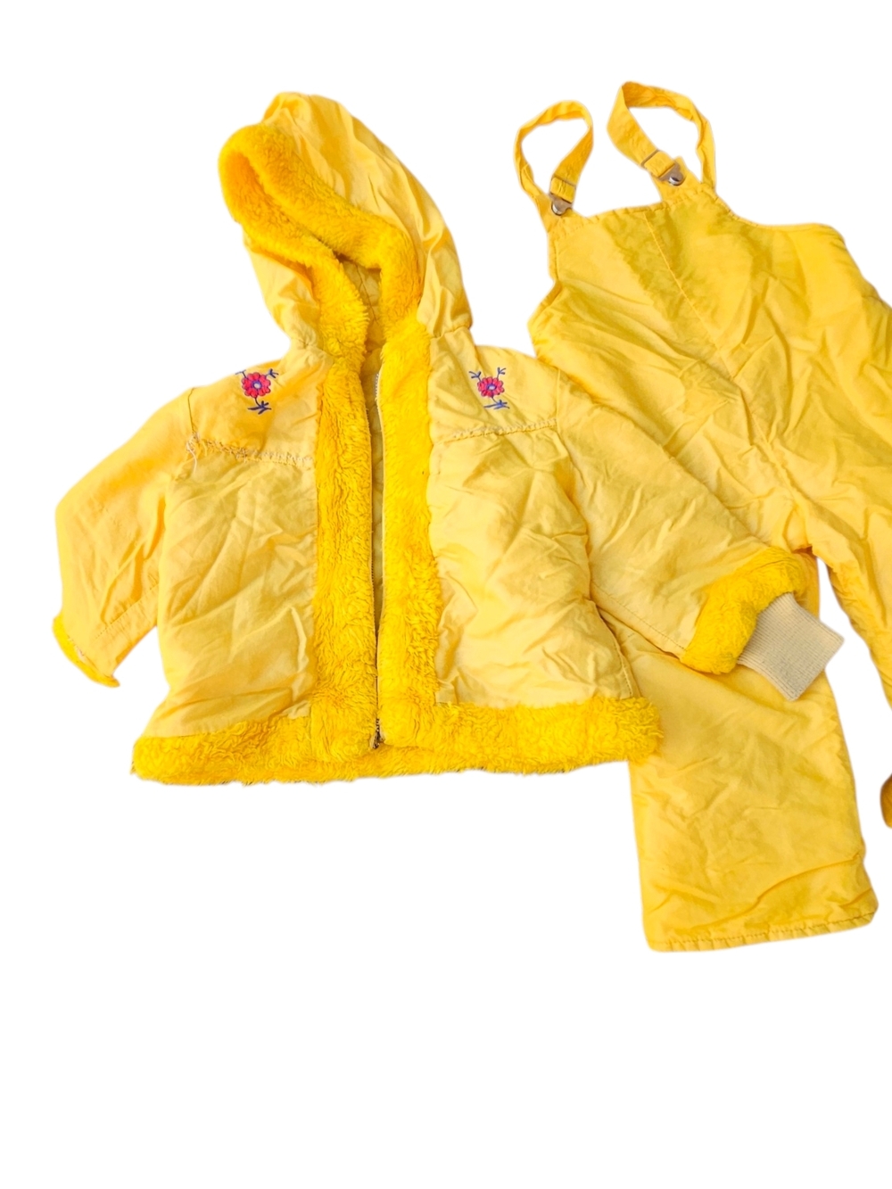 Vintage 60s Sears Bright Yellow Sherpa Trim Embroidered Jacket & Overalls Set